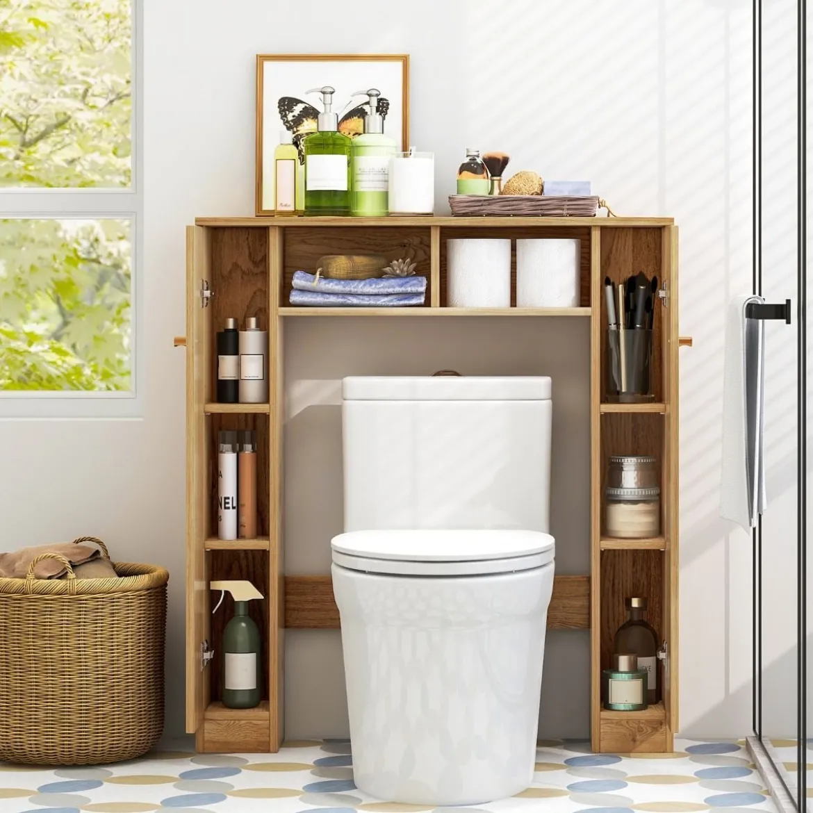 Toilettenschrank mit 2 Offenen Fächern & 4 Verstellbaren Regalen Bad Überbauschrank Natur