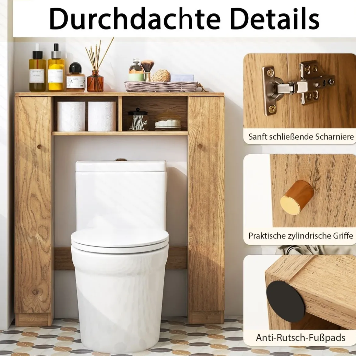 Toilettenschrank mit 2 Offenen Fächern & 4 Verstellbaren Regalen Bad Überbauschrank Natur