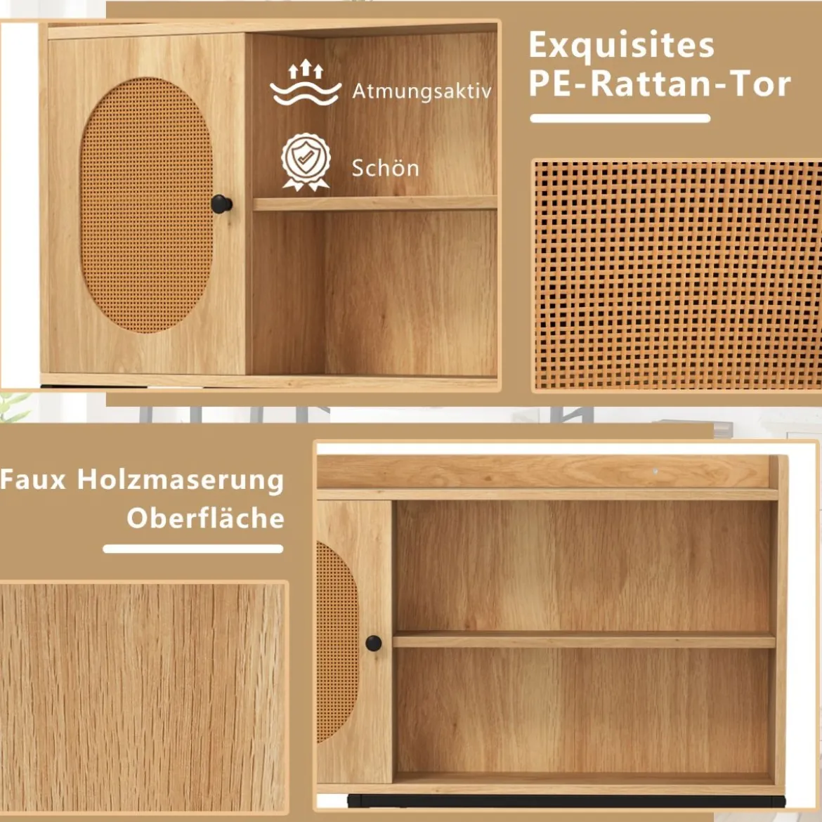 Toilettenschrank mit PE-Rattan Tür Toilettenregal mit verstellbarem Regal Natur