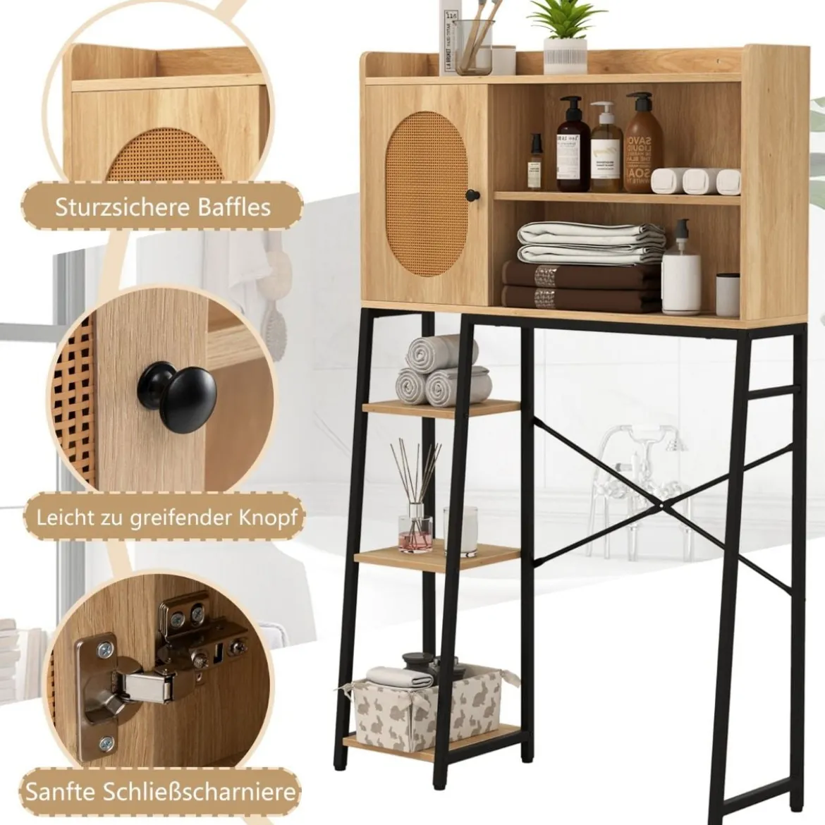 Toilettenschrank mit PE-Rattan Tür Toilettenregal mit verstellbarem Regal Natur
