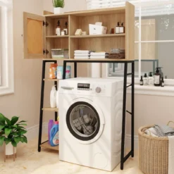 Toilettenschrank mit PE-Rattan Tür Toilettenregal mit verstellbarem Regal Natur