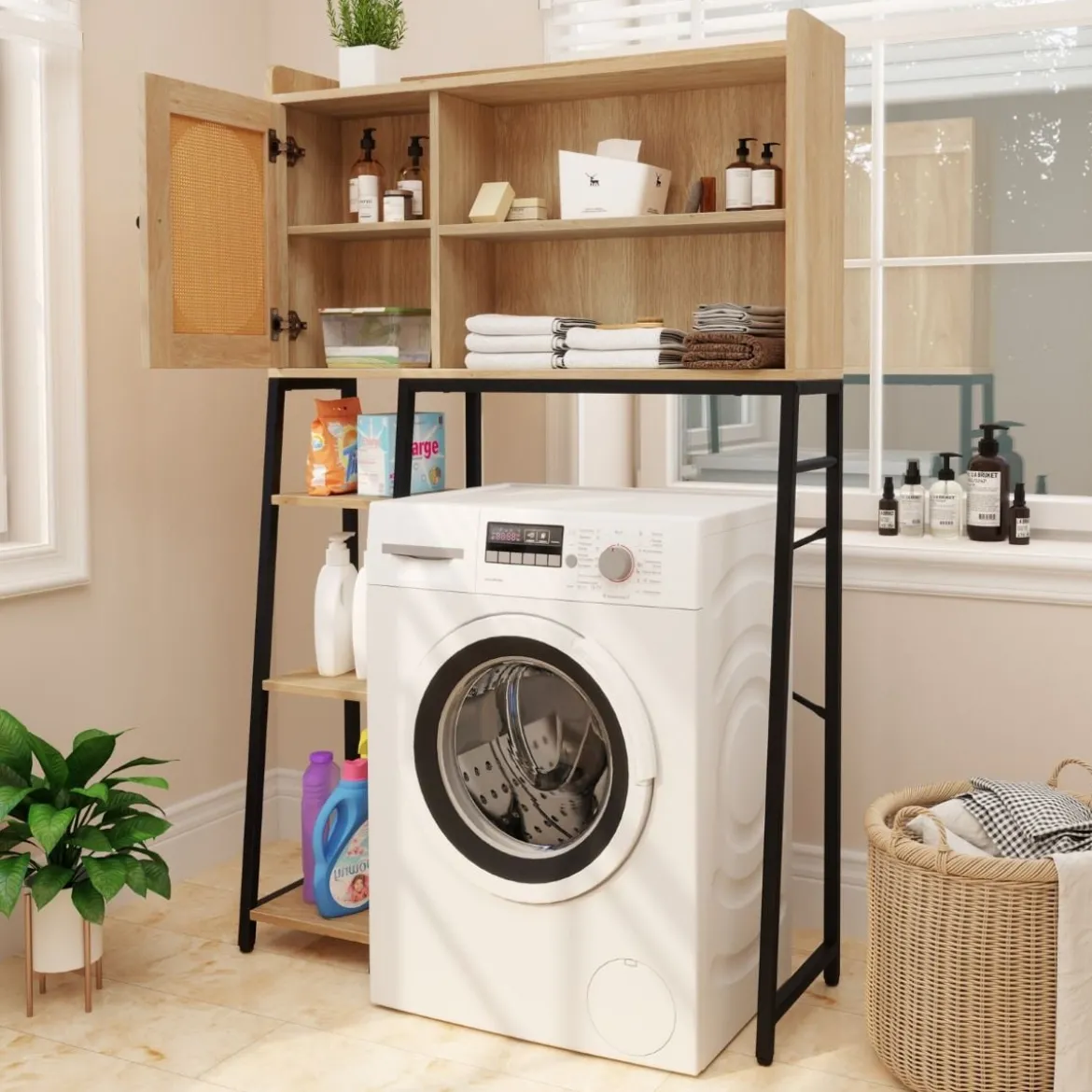 Toilettenschrank mit PE-Rattan Tür Toilettenregal mit verstellbarem Regal Natur