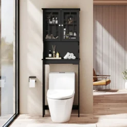 Toilettenschrank mit 3 Regalen Badezimmerregal Waschmaschinenschrank Toilettenregal Schwarz