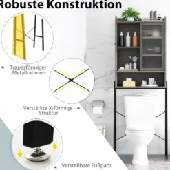 Toilettenschrank mit Schiebetür aus Acryl & Verstellbaren Regalen 63 x 29 x 170 cm Grau