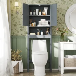 Toilettenschrank mit Türen & Verstellbarem Fach & Unterer Stange Platzsparendes Toilettenregal Grau