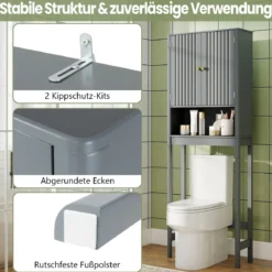 Toilettenschrank mit Türen & Verstellbarem Fach & Unterer Stange Platzsparendes Toilettenregal Grau