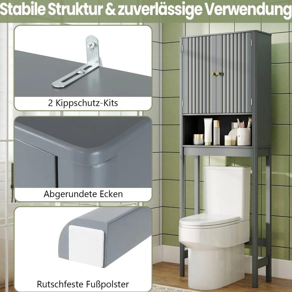 Toilettenschrank mit Türen & Verstellbarem Fach & Unterer Stange Platzsparendes Toilettenregal Grau