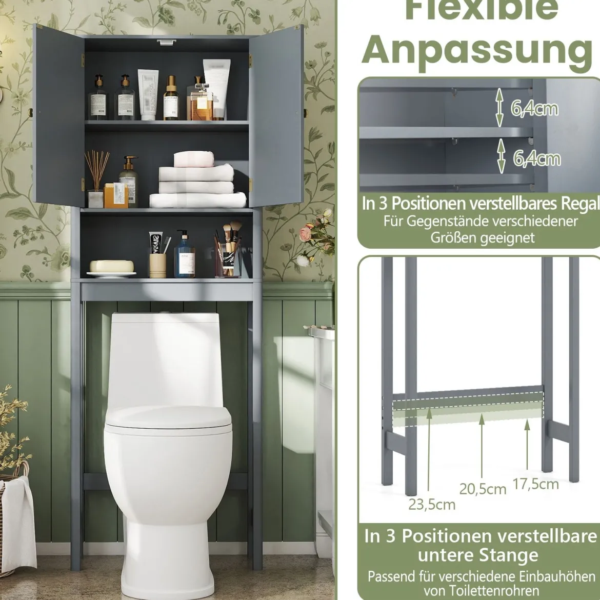 Toilettenschrank mit Türen & Verstellbarem Fach & Unterer Stange Platzsparendes Toilettenregal Grau