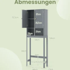 Toilettenschrank mit Türen & Verstellbarem Fach & Unterer Stange Platzsparendes Toilettenregal Grau