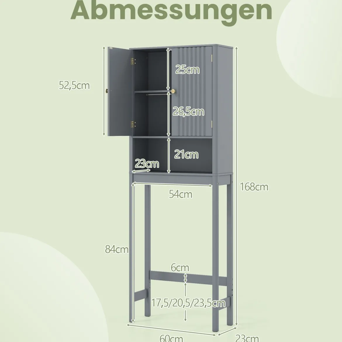 Toilettenschrank mit Türen & Verstellbarem Fach & Unterer Stange Platzsparendes Toilettenregal Grau