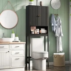 Toilettenschrank mit Türen & Verstellbarem Fach & Unterer Stange Platzsparendes Toilettenregal Schwarz