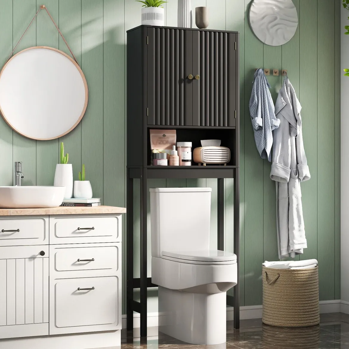 Toilettenschrank mit Türen & Verstellbarem Fach & Unterer Stange Platzsparendes Toilettenregal Schwarz
