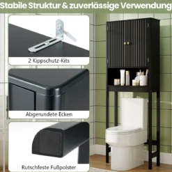 Toilettenschrank mit Türen & Verstellbarem Fach & Unterer Stange Platzsparendes Toilettenregal Schwarz