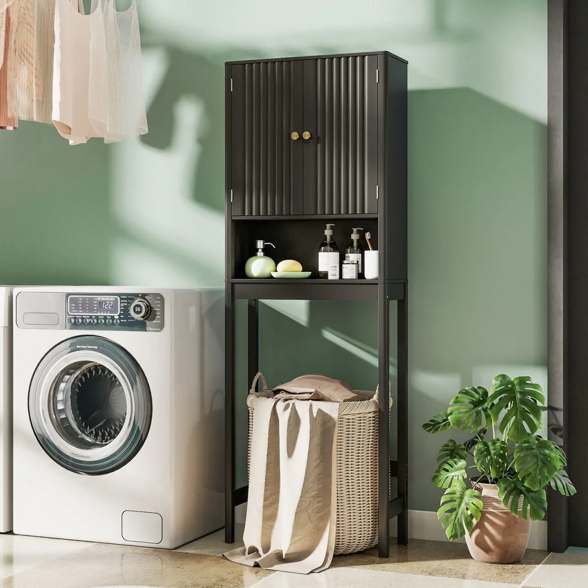 Toilettenschrank mit Türen & Verstellbarem Fach & Unterer Stange Platzsparendes Toilettenregal Schwarz