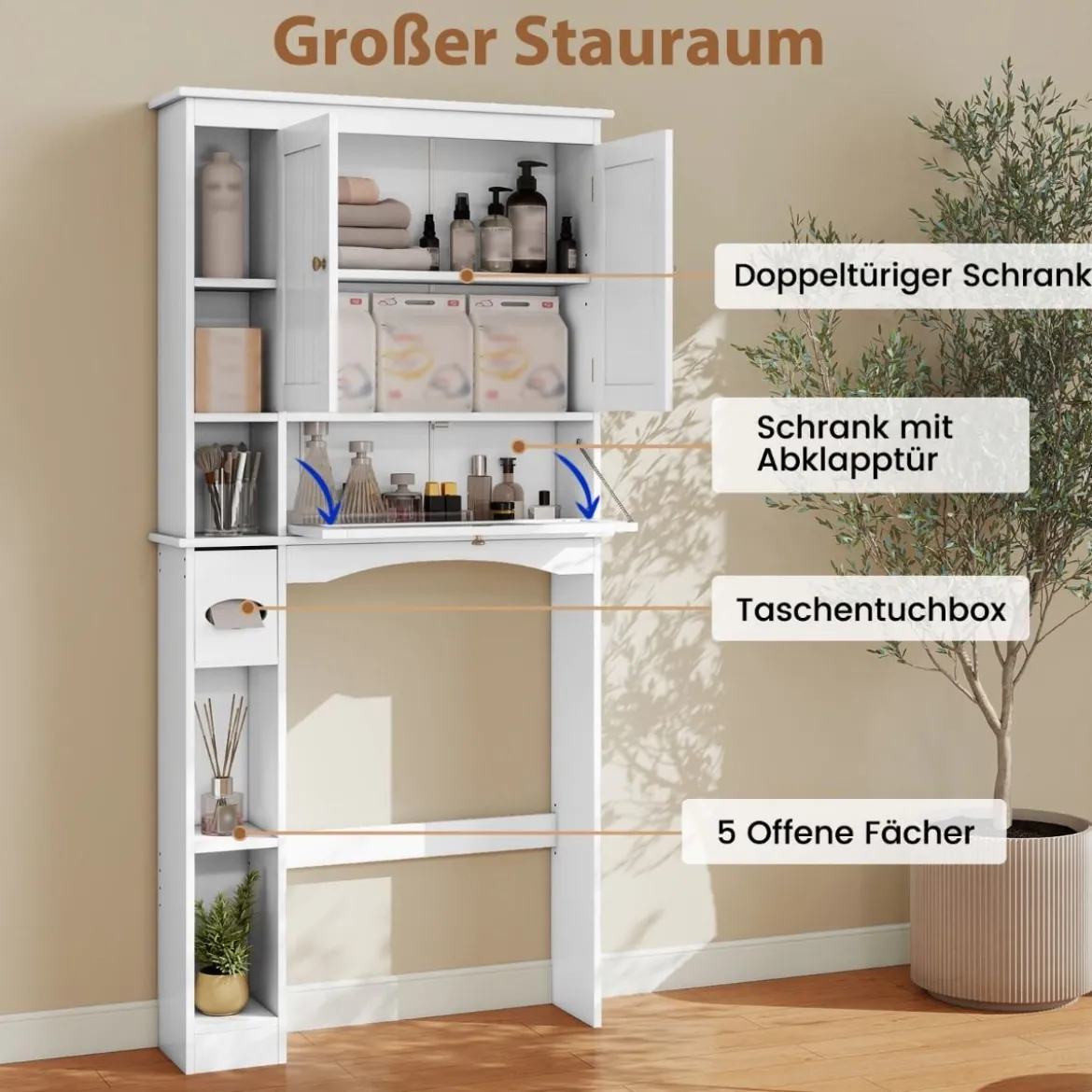 Toilettenschrank mit 3 Türen & Verstellbaren Regalböden Holz Toilettenregal Weiß