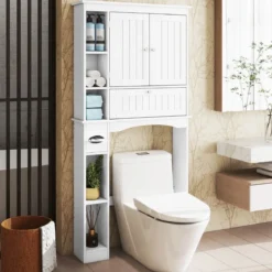 Toilettenschrank mit 3 Türen & Verstellbaren Regalböden Holz Toilettenregal Weiß