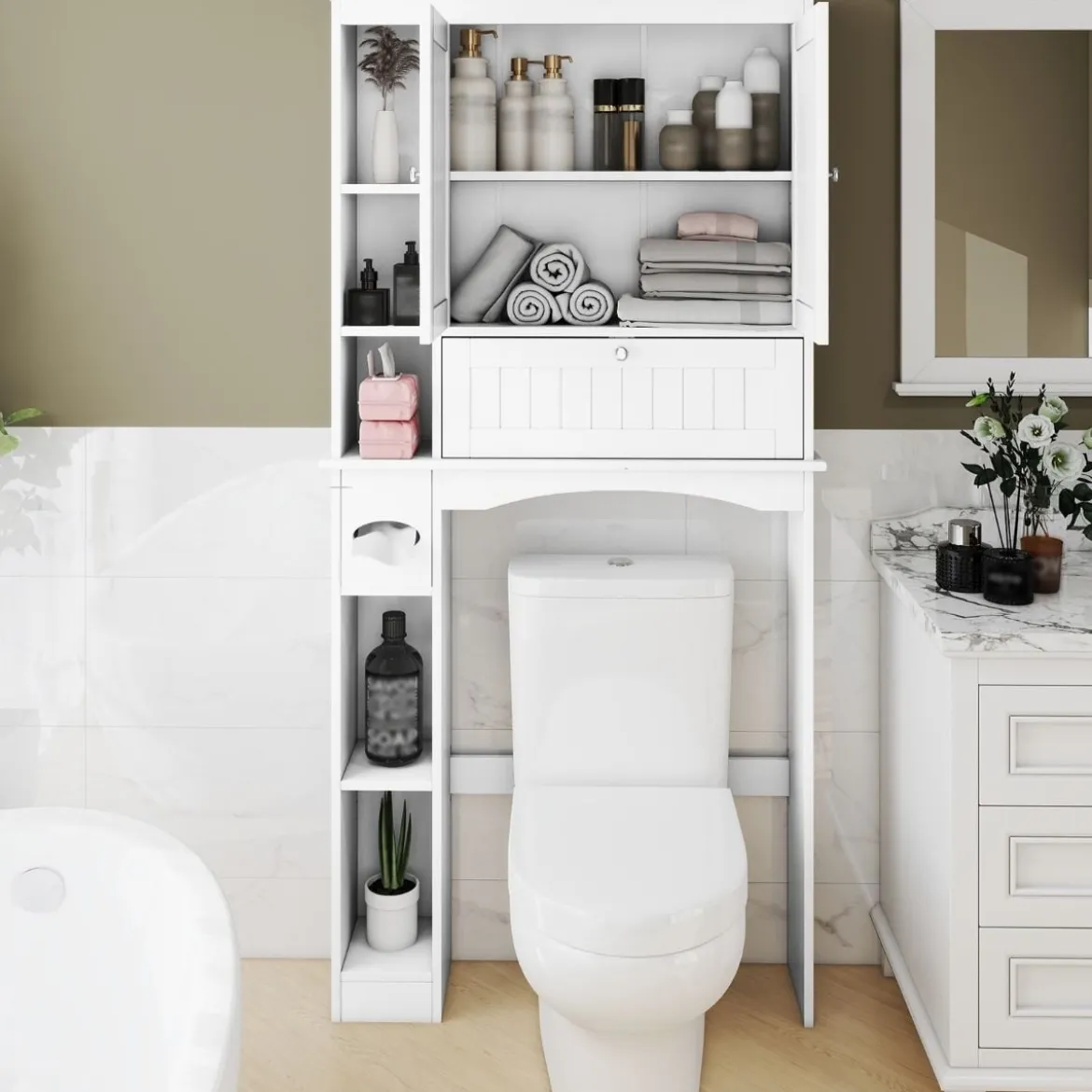 Toilettenschrank mit 3 Türen & Verstellbaren Regalböden Holz Toilettenregal Weiß