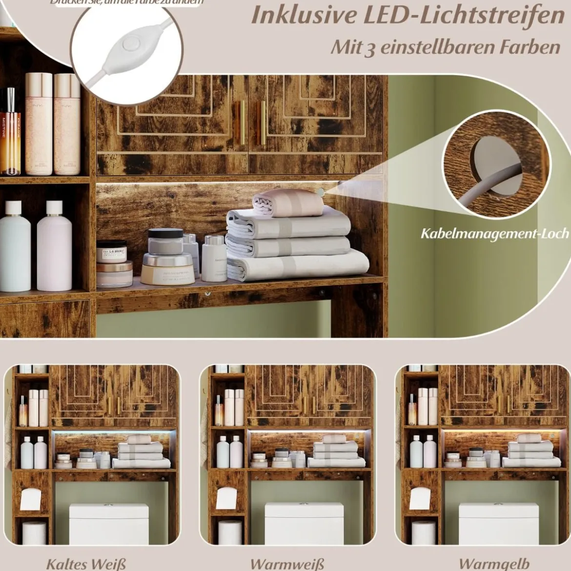 Toilettenschrank mit 2-Türschrank & 6 Offenen Fächern & Taschentuchbox Überbauschrank Braun