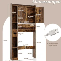 Toilettenschrank mit 2-Türschrank & 6 Offenen Fächern & Taschentuchbox Überbauschrank Braun