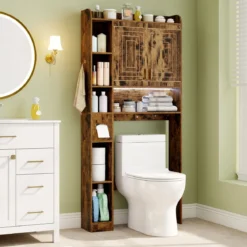 Toilettenschrank mit 2-Türschrank & 6 Offenen Fächern & Taschentuchbox Überbauschrank Braun