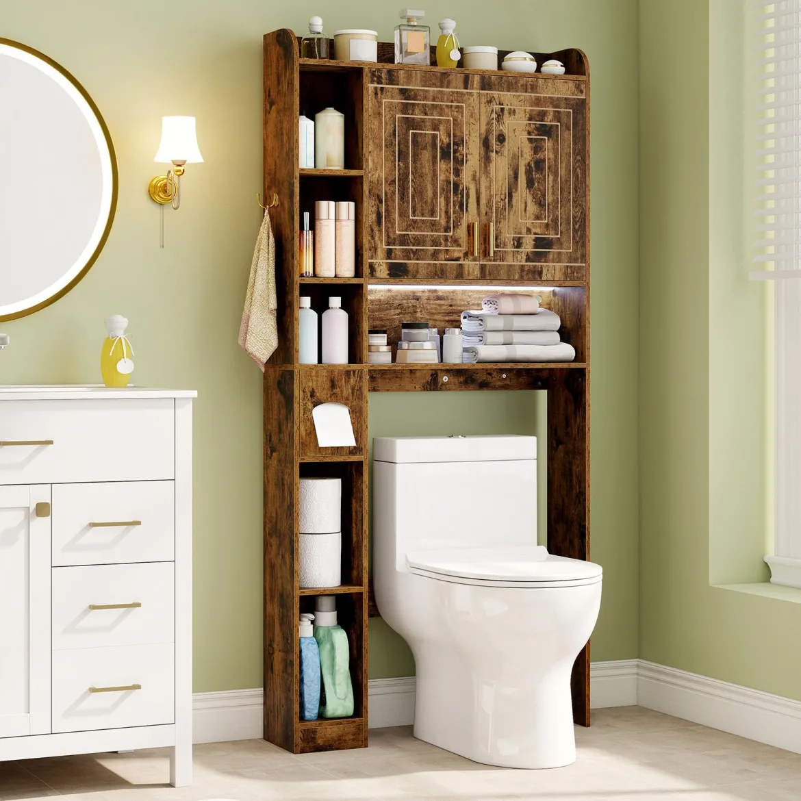 Toilettenschrank mit 2-Türschrank & 6 Offenen Fächern & Taschentuchbox Überbauschrank Braun