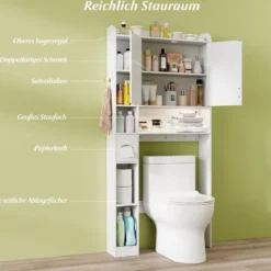 Toilettenschrank mit 2-Türschrank & 6 Offenen Fächern & Taschentuchbox Überbauschrank Weiß