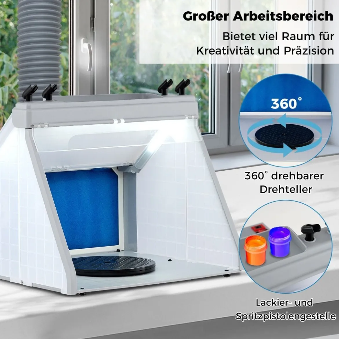 Tragbare Airbrush Absauganlage mit 3 LED-Lichtern & 19 cm Drehteller Beleuchteter Malstation