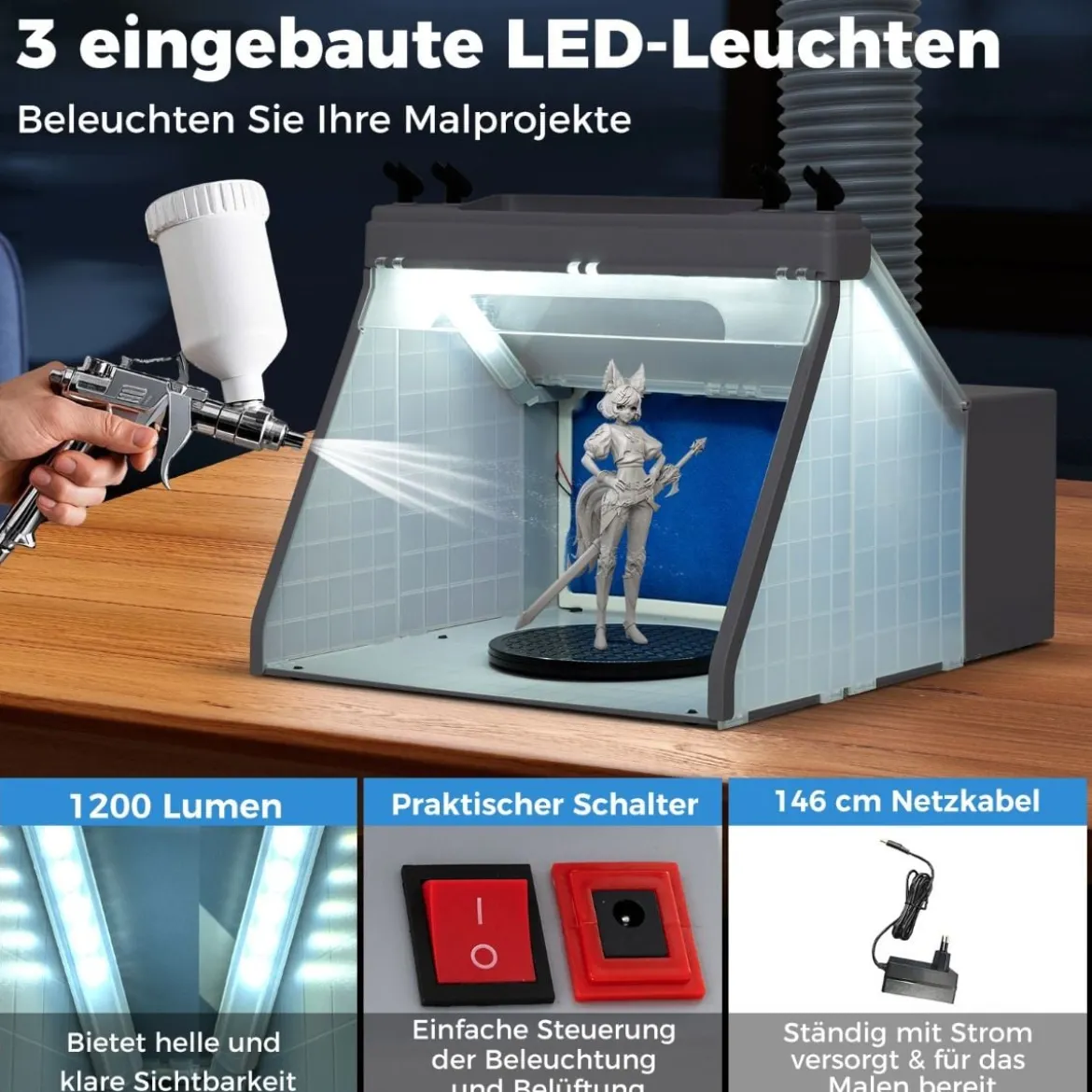 Tragbare Airbrush Absauganlage mit 3 LED-Lichtern & 19 cm Drehteller Beleuchteter Malstation