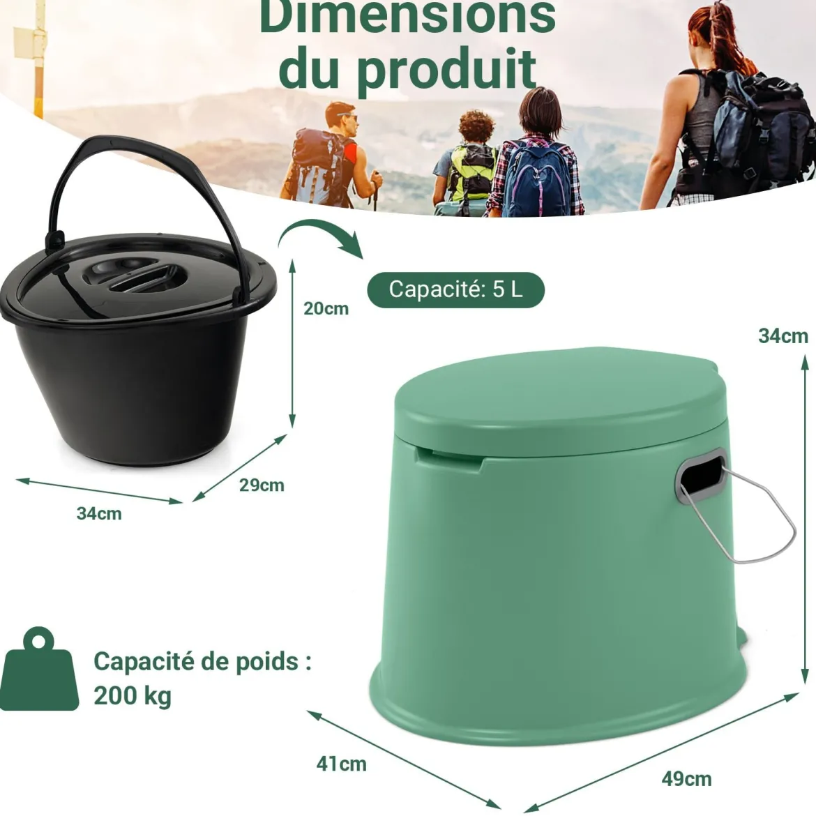 Tragbare Campingtoilette mit Abnehmbarem Eimereinsatz Reisetoilette bis 200 kg Belastbar Grün