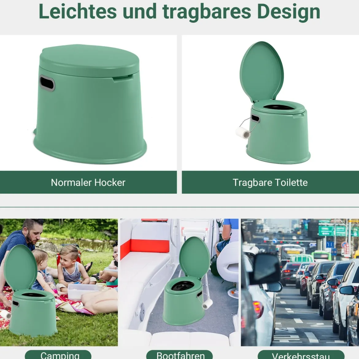 Tragbare Campingtoilette mit Abnehmbarem Eimereinsatz Reisetoilette bis 200 kg Belastbar Grün