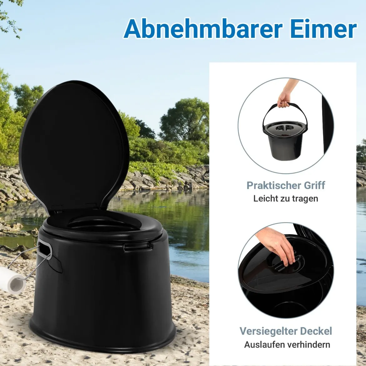 Tragbare Campingtoilette mit Abnehmbarem Eimereinsatz Reisetoilette bis 200 kg Belastbar Schwarz