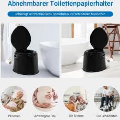 Tragbare Campingtoilette mit Abnehmbarem Eimereinsatz Reisetoilette bis 200 kg Belastbar Schwarz