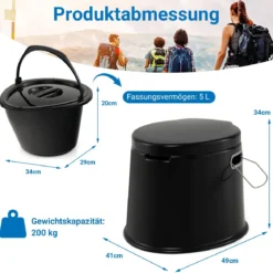 Tragbare Campingtoilette mit Abnehmbarem Eimereinsatz Reisetoilette bis 200 kg Belastbar Schwarz