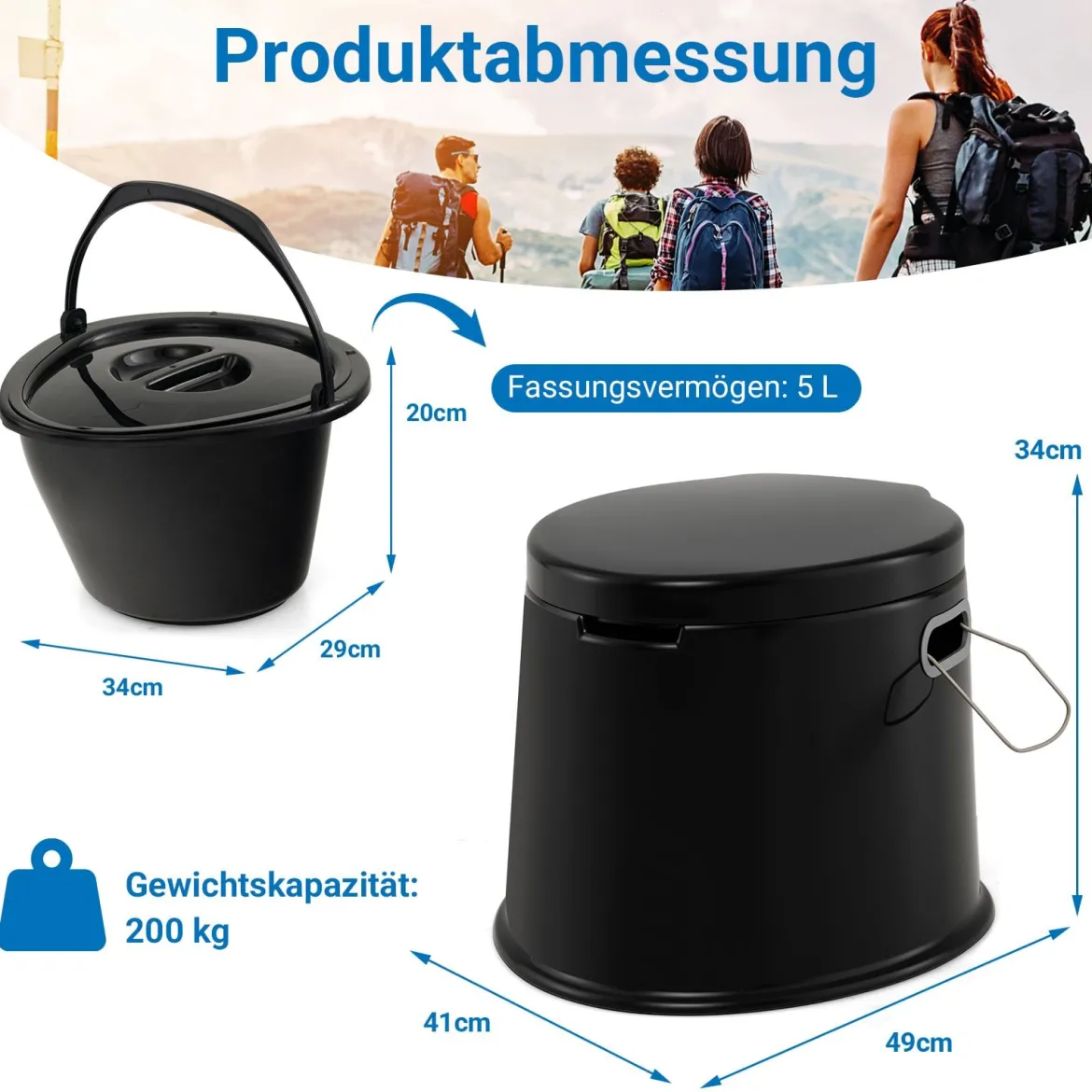 Tragbare Campingtoilette mit Abnehmbarem Eimereinsatz Reisetoilette bis 200 kg Belastbar Schwarz