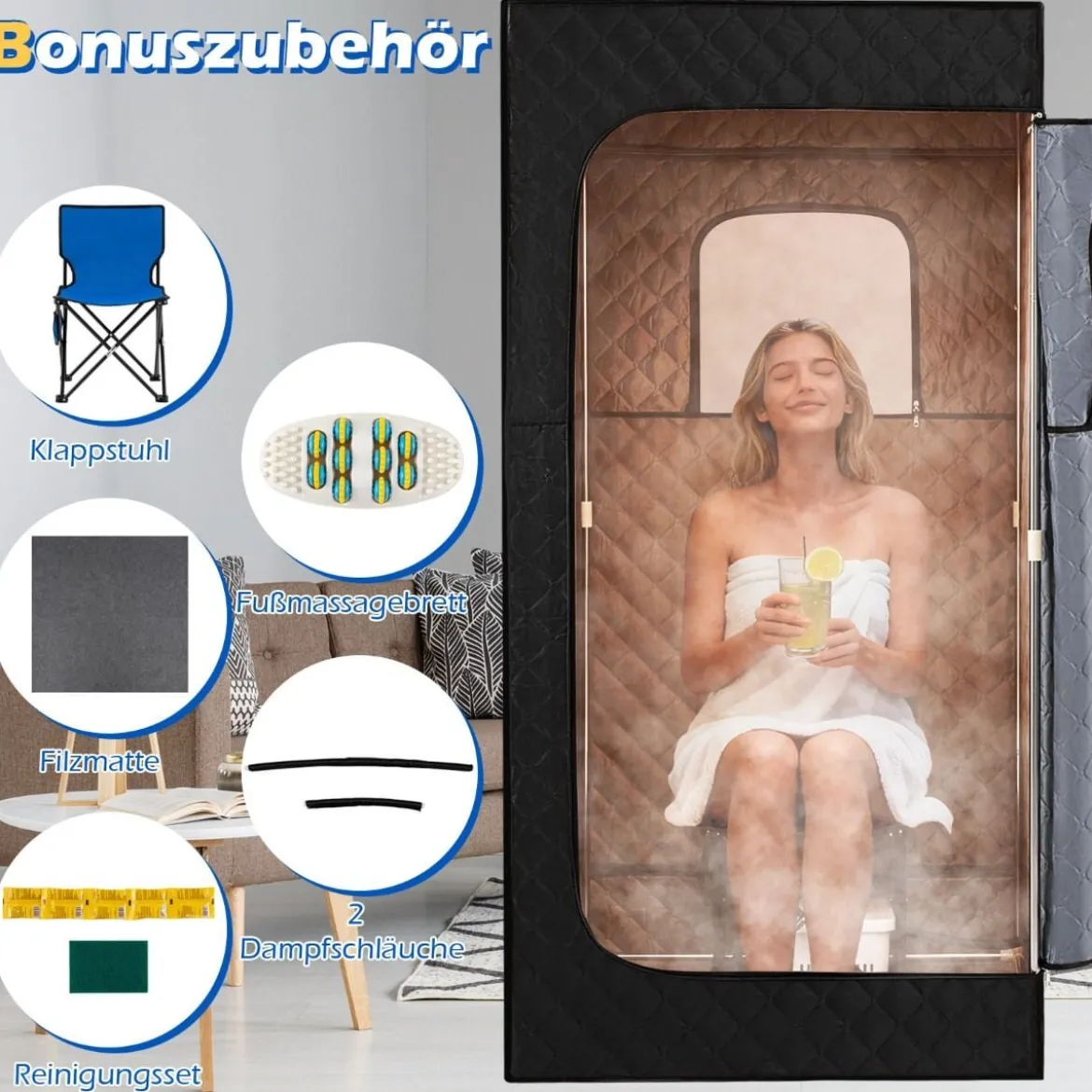 Tragbare Dampfsauna-Box mit Klappbarer Stuhl & Matte Persönliches Heim-Spa Schwarz