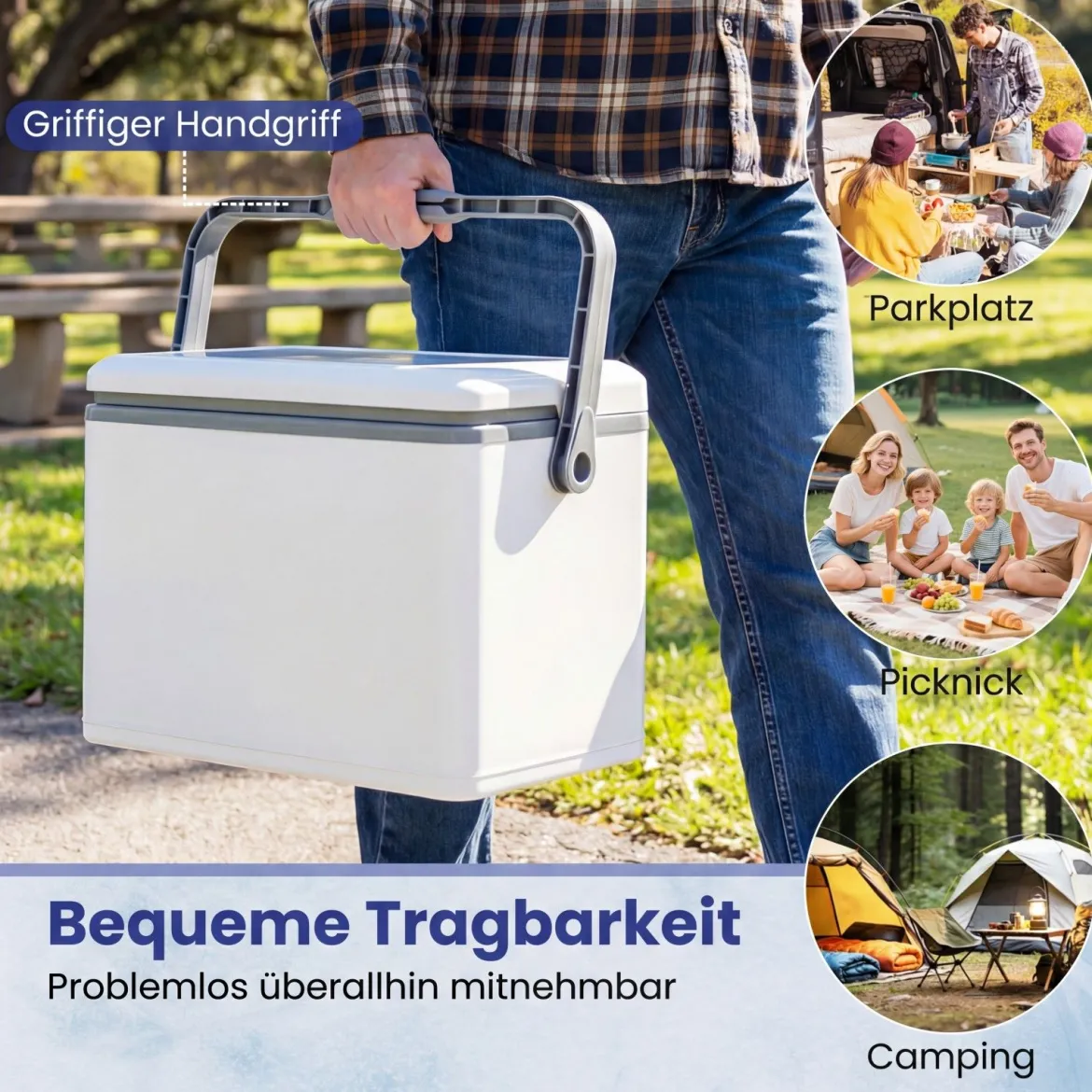 Tragbare Hartschalen-Kühlbox 12 L isolierte Kühlbox mit Komfortgriff auslaufsichere Kühltruhe Weiß