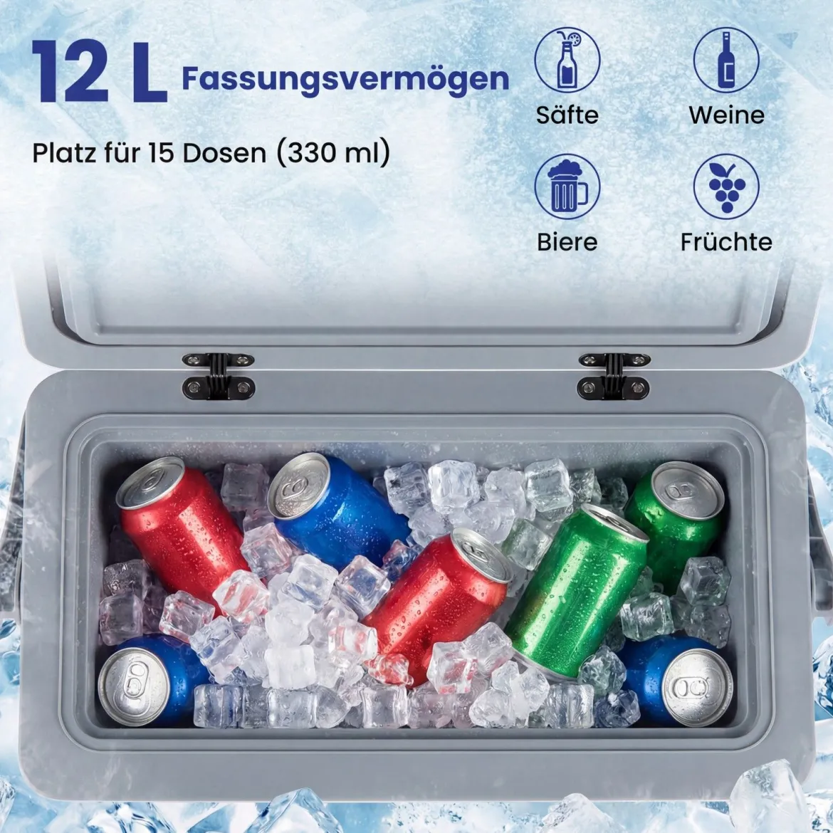 Tragbare Hartschalen-Kühlbox 12 L isolierte Kühlbox mit Komfortgriff auslaufsichere Kühltruhe Weiß
