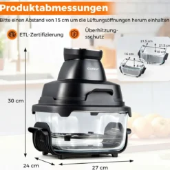 Tragbare 6-in-1 Heißluftfritteuse Heißluftfrittieren und Backen 4 L & 1,7 L Glasbehälter 1500 W Blau/Schwarz