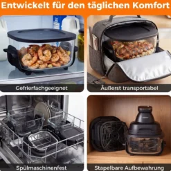 Tragbare 6-in-1 Heißluftfritteuse Heißluftfrittieren und Backen 4 L & 1,7 L Glasbehälter 1500 W Blau/Schwarz