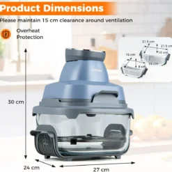 Tragbare 6-in-1 Heißluftfritteuse Heißluftfrittieren und Backen 4 L & 1,7 L Glasbehälter 1500 W Blau/Schwarz