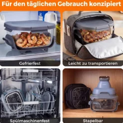 Tragbare 6-in-1 Heißluftfritteuse Heißluftfrittieren und Backen 4 L & 1,7 L Glasbehälter 1500 W Blau/Schwarz