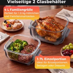 Tragbare 6-in-1 Heißluftfritteuse Heißluftfrittieren und Backen 4 L & 1,7 L Glasbehälter 1500 W Blau/Schwarz