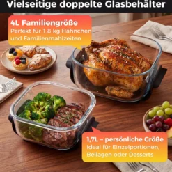Tragbare 6-in-1 Heißluftfritteuse Heißluftfrittieren und Backen 4 L & 1,7 L Glasbehälter 1500 W Blau/Schwarz