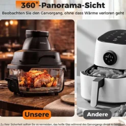 Tragbare 6-in-1 Heißluftfritteuse Heißluftfrittieren und Backen 4 L & 1,7 L Glasbehälter 1500 W Blau/Schwarz