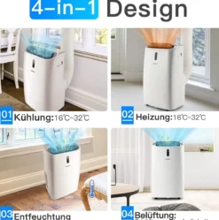Tragbare 5 in 1 Klimaanlage 12000 BTU Heiz&Kühl&Ventilator&Entfeucht Entfeuchter 44,5 x 39 x 77 cm Weiß