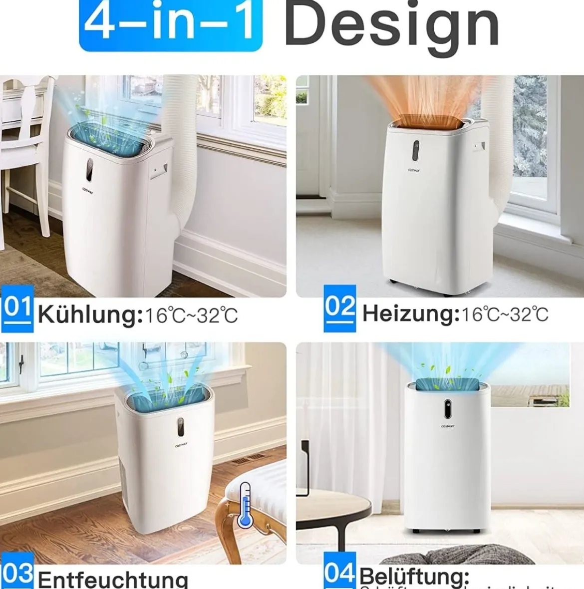 Tragbare 5 in 1 Klimaanlage 12000 BTU Heiz&Kühl&Ventilator&Entfeucht Entfeuchter 44,5 x 39 x 77 cm Weiß