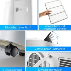 Tragbare 5 in 1 Klimaanlage 12000 BTU Heiz&Kühl&Ventilator&Entfeucht Entfeuchter 44,5 x 39 x 77 cm Weiß