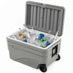 Tragbare Kühlbox auf Rollen Wetterfeste Isolierbox mit Klappbarem Zuggriff & 2 Leichtgängigen Rollen Grau 98 L