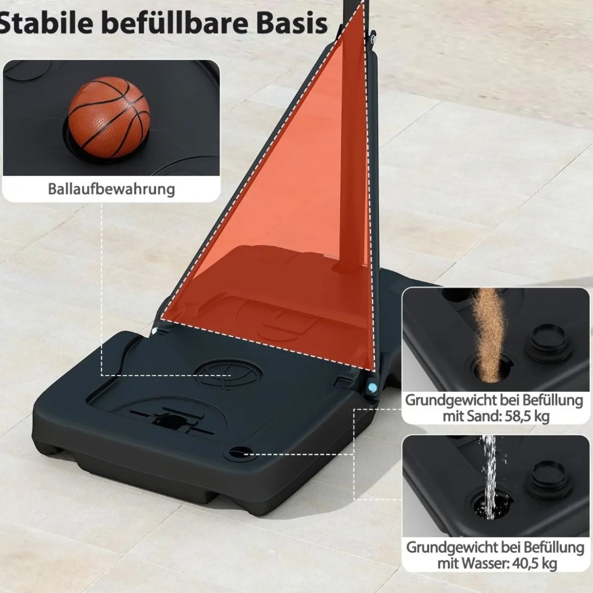 Tragbarer Basketballkorb Höhenverstellbares Basketballtor-System von 1 bis 3 m mit schlagfestem Rückbrett Schwarz