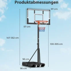 Tragbarer Basketballkorb Höhenverstellbares Basketballtor-System von 1 bis 3 m mit schlagfestem Rückbrett Schwarz